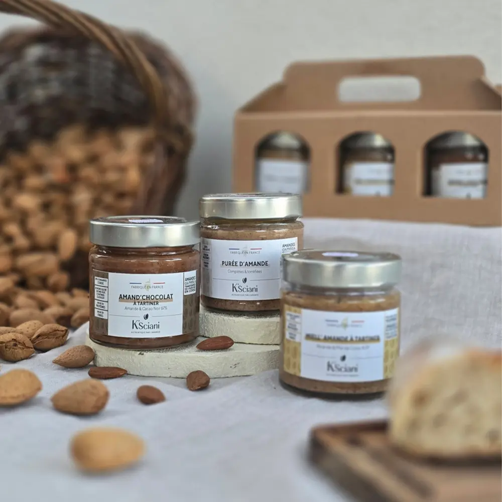pack trio gourmand - coffret cadeau gourmand - purée amande purée miel amande et chocolat amande